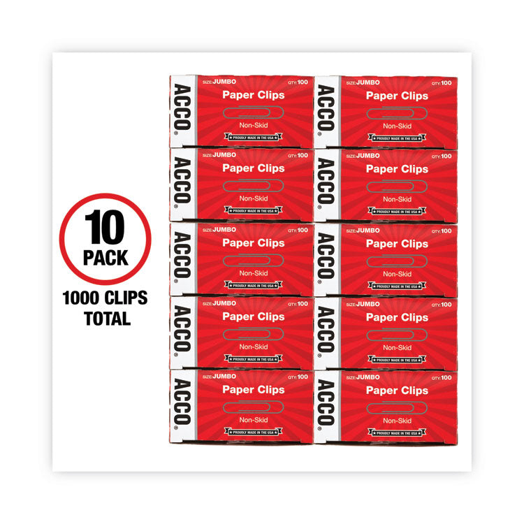 Paper Clips, Jumbo, Nonskid, Silver, 100 Clips/Box, 10 Boxes/Pack