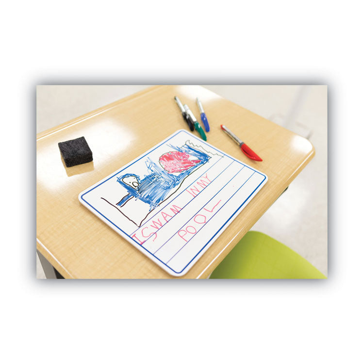 Dry Erase Student Boards, Ruled for Handwriting Practice, 12" x 9", Blue/White Surface, 10/Set
