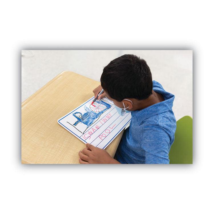 Dry Erase Student Boards, Ruled for Handwriting Practice, 12" x 9", Blue/White Surface, 10/Set