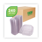 Renewable and Compostable Clear Clamshell Hinged Food Containers, 6 x 6 x 3, Plastic, 80/Pack, 3 Packs/Carton