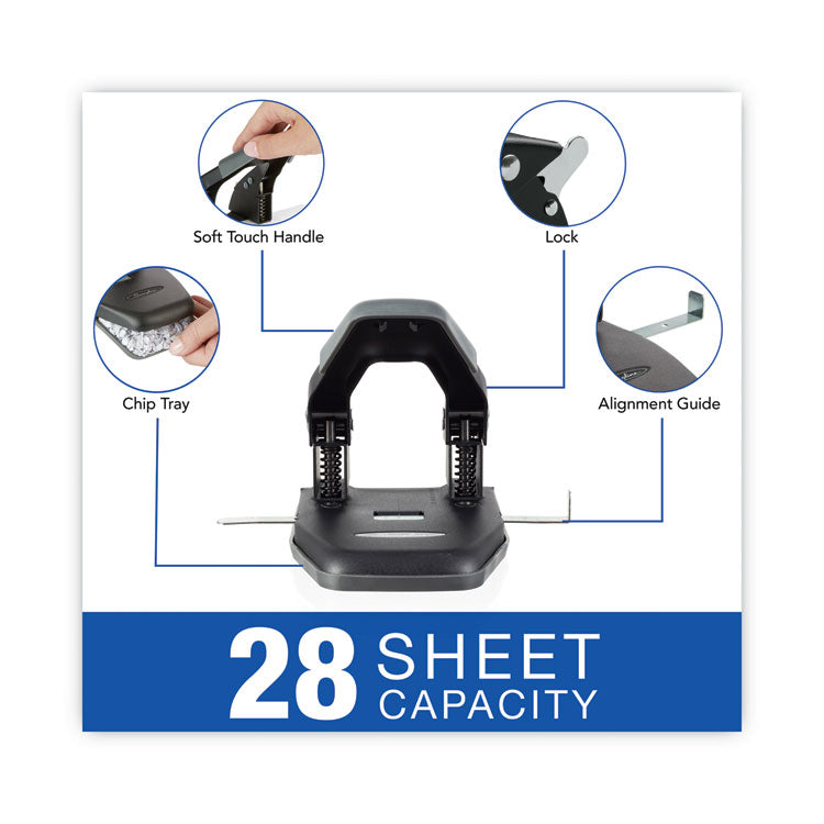 28-Sheet Comfort Handle Steel Two-Hole Punch, 1/4" Holes, Black/gray