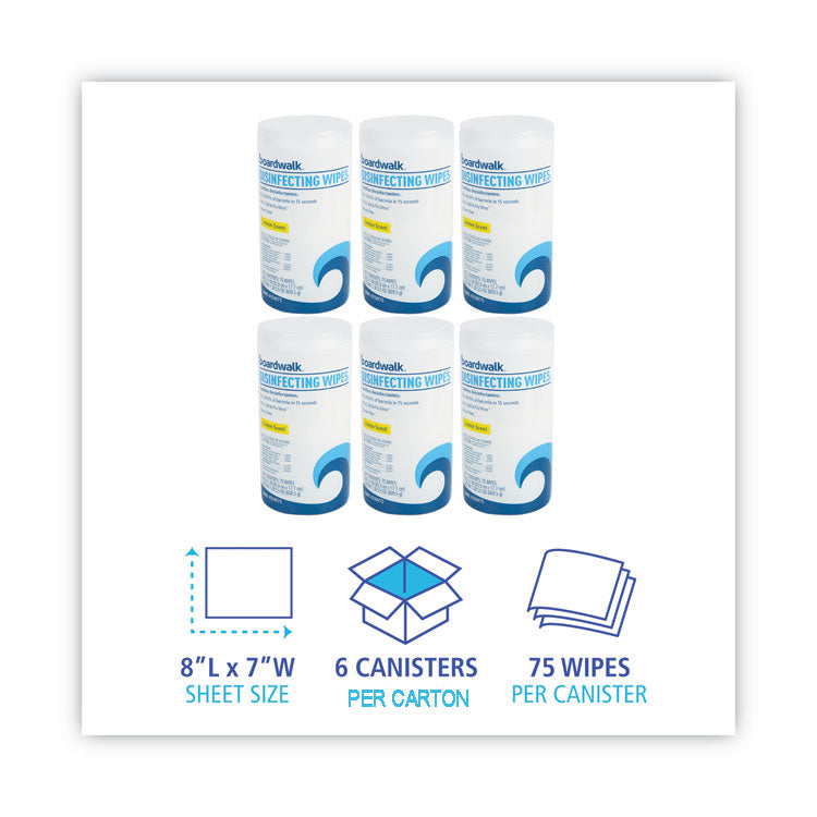 Quat-Based Disinfecting Wipes, 7 x 8, Lemon Scent, 75/Canister, 6 Canisters/Carton