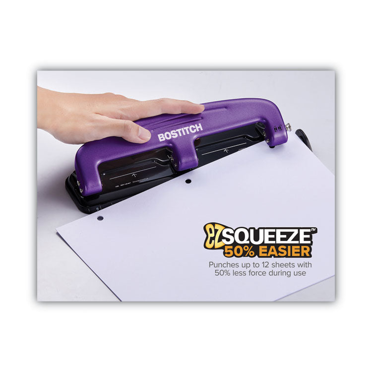 12-Sheet Ez Squeeze Three-Hole Punch, 9/32" Holes, Purple/black