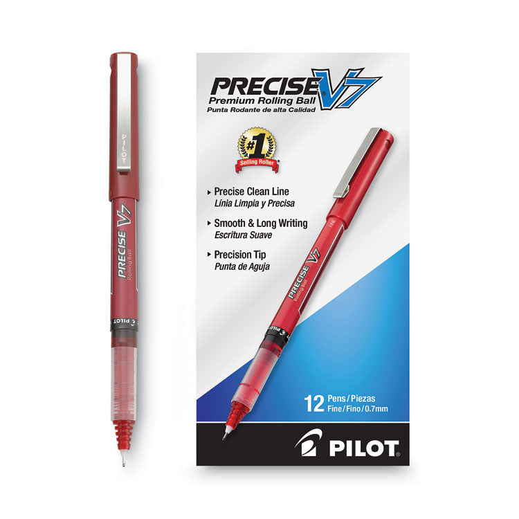 Precise V7 Rollerball Pen, Stick, Fine 0.7 mm, Red Ink, Red/Clear Barrel, Dozen