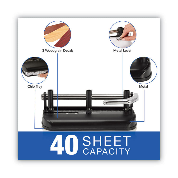 40-Sheet Accented Heavy-Duty Lever Action Two- To Seven-Hole Punch, 11/32" Holes, Black/woodgrain