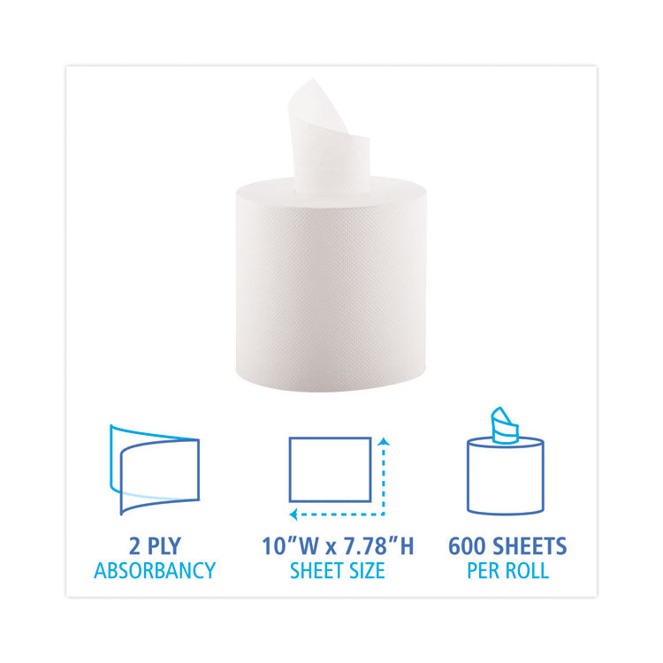 Center-Pull Hand Towels, 2-Ply, Perforated, 7.5 x 9, White, 600/Roll, 6 Rolls/Carton