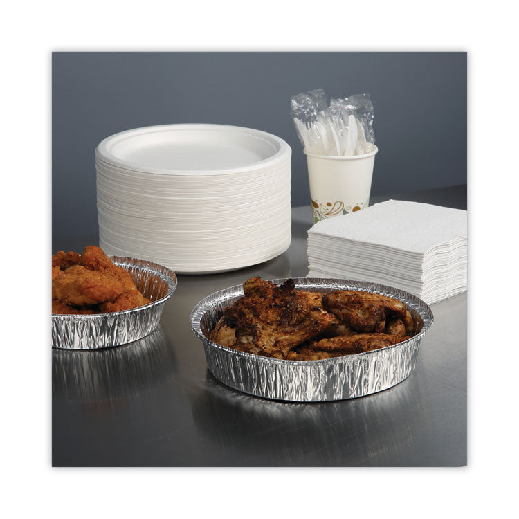 Round Aluminum To-Go Containers, 300 Gauge, 48 oz, 9" Diameter x 1.66" h, Silver, 500/Carton