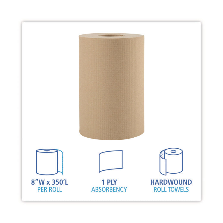 Hardwound Paper Towels, 1-Ply, 8" x 350 ft, Natural, 12 Rolls/Carton