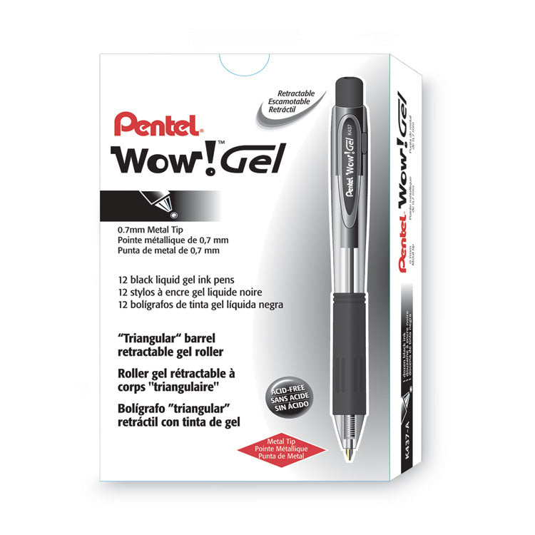 Wow! Gel Pen, Retractable, Medium 0.7 Mm, Black Ink, Clear/black Barrel, Dozen