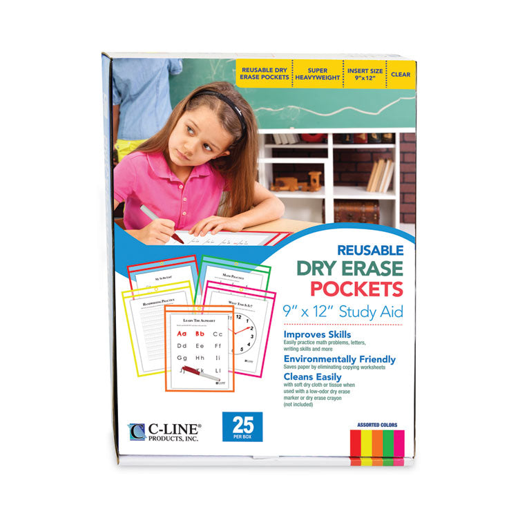 Reusable Dry Erase Pockets, Super Heavy-Duty, Top Load 9 x 12 Insert, Clear Front, Assorted Neon Border, 25/Box