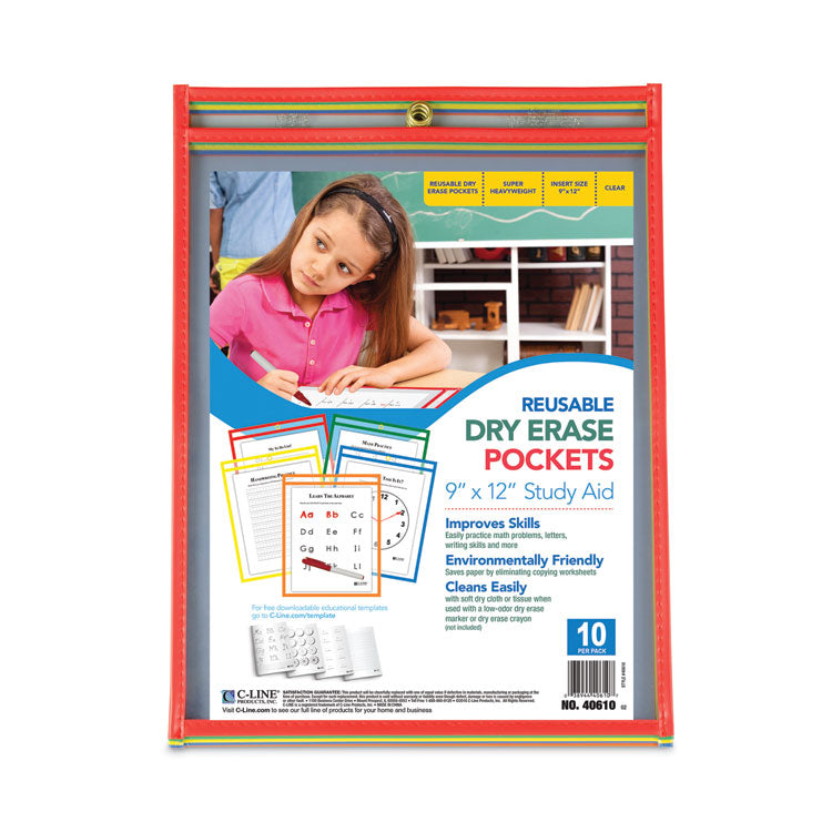 Reusable Dry Erase Pockets, Super Heavy-Duty, Top Load 9 x 12 Insert, Clear Front, Assorted Border Colors, 10/Pack