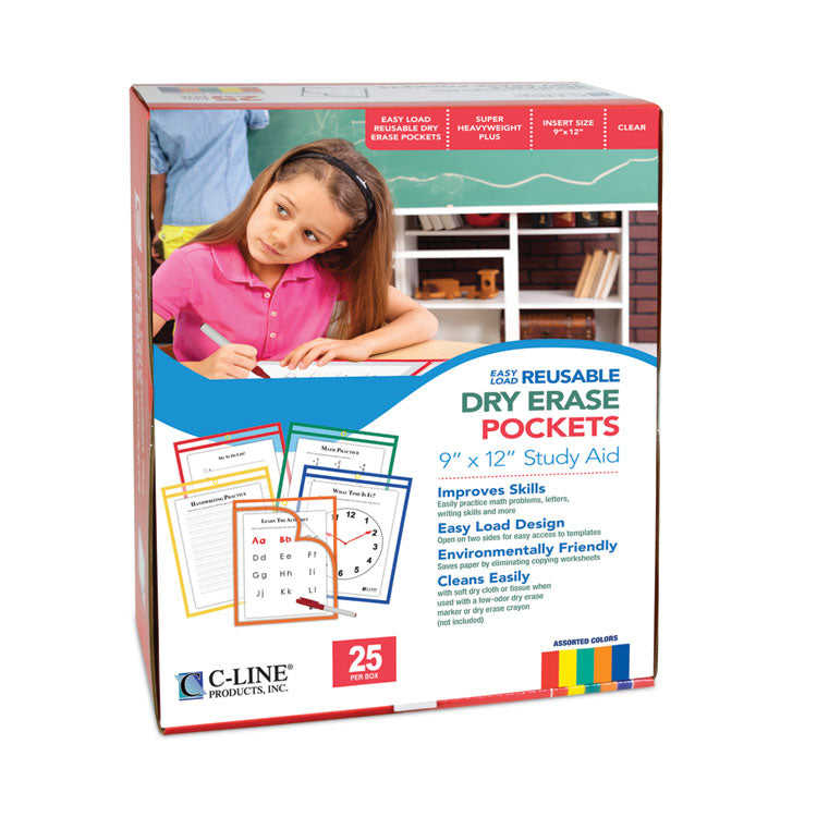 Easy-Load Reusable Dry Erase Pockets, Super Heavy-Duty, Top Load 9 x 12 Insert, Clear Front, Assorted Border Colors, 25/Box