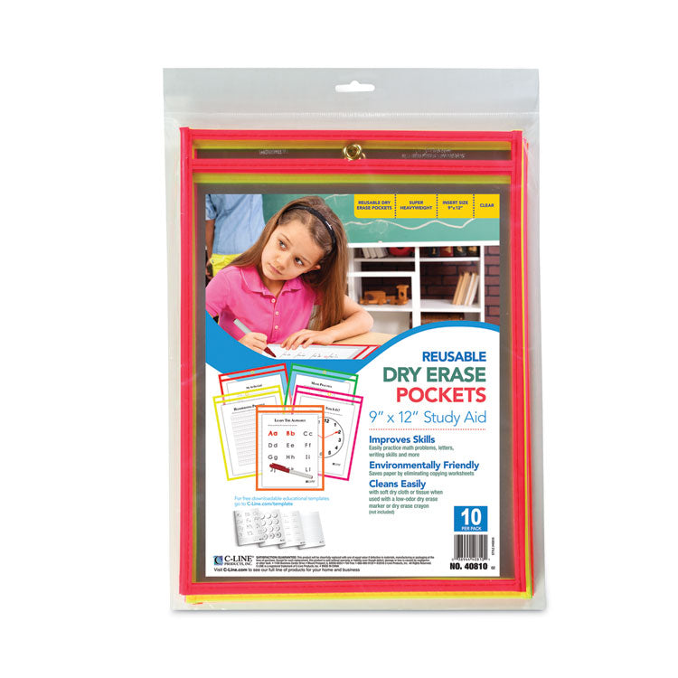 Reusable Dry Erase Pockets, Super Heavy-Duty, Top Load 9 x 12 Insert, Clear Front, Assorted Neon Border, 10/Pack