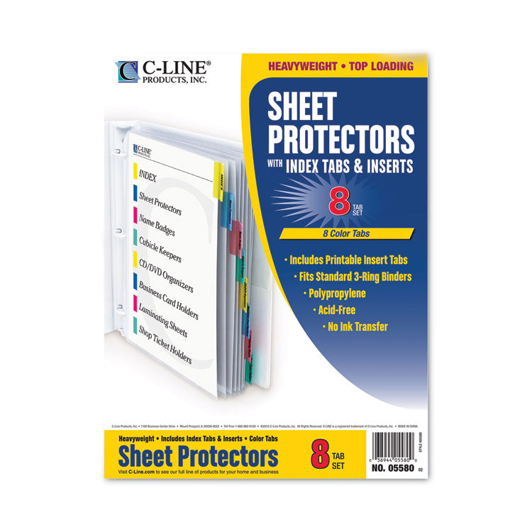 Sheet Protectors with Eight Assorted Index Tabs, Heavy-Duty, Side: 3-Hole Punched, Top Load 8.5 x 11 Insert, Clear, 8/Set