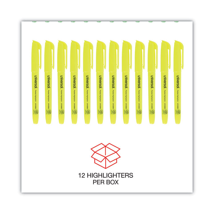 Pocket Highlighters, Fluorescent Yellow Ink, Chisel Tip, Yellow Barrel, Dozen