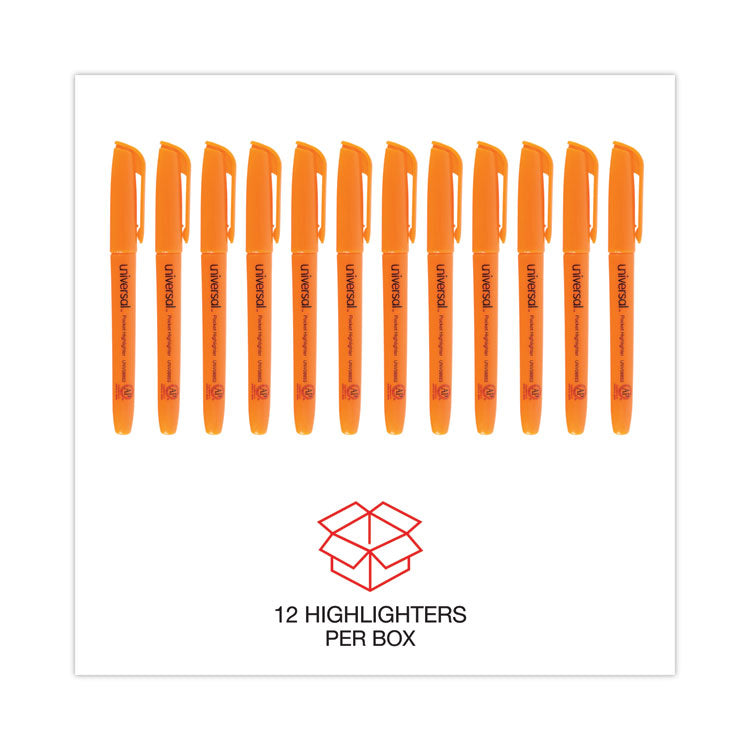 Pocket Highlighters, Fluorescent Orange Ink, Chisel Tip, Orange Barrel, Dozen