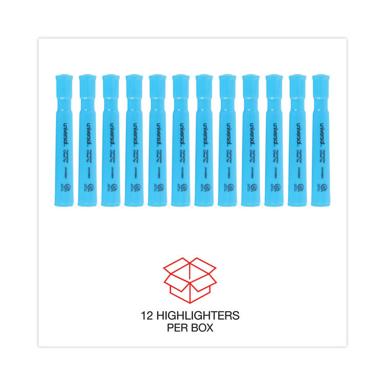 Desk Highlighters, Fluorescent Blue Ink, Chisel Tip, Blue Barrel, Dozen