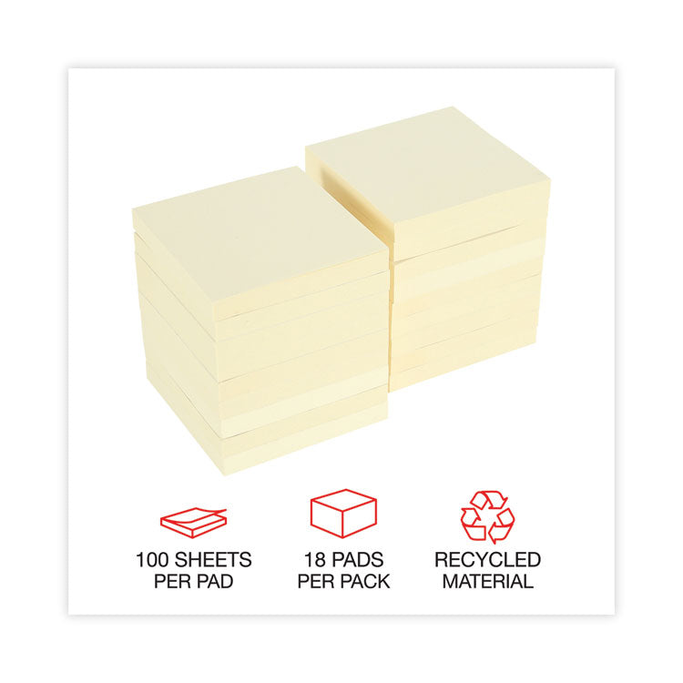 Recycled Self-Stick Note Pads, 3" x 3", Yellow, 100 Sheets/Pad, 18 Pads/Pack