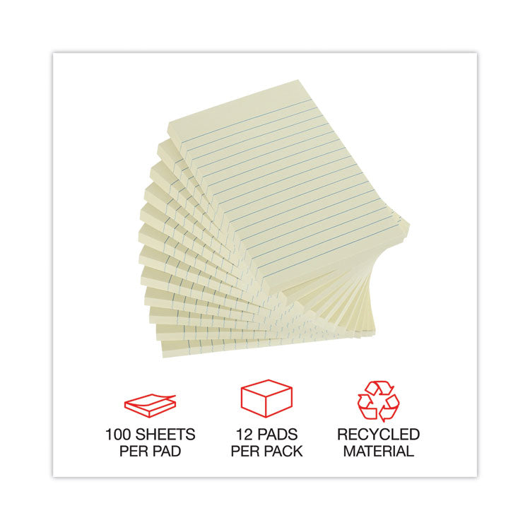 Recycled Self-Stick Note Pads, Note Ruled, 4" x 6", Yellow, 100 Sheets/Pad, 12 Pads/Pack