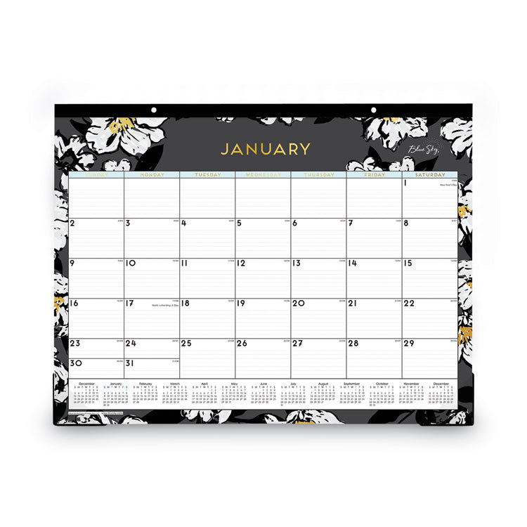 Baccara Dark Desk Pad, Floral Artwork, 22 x 17, White/Black/Gold Sheets, Black Binding, 12-Month (Jan to Dec): 2025