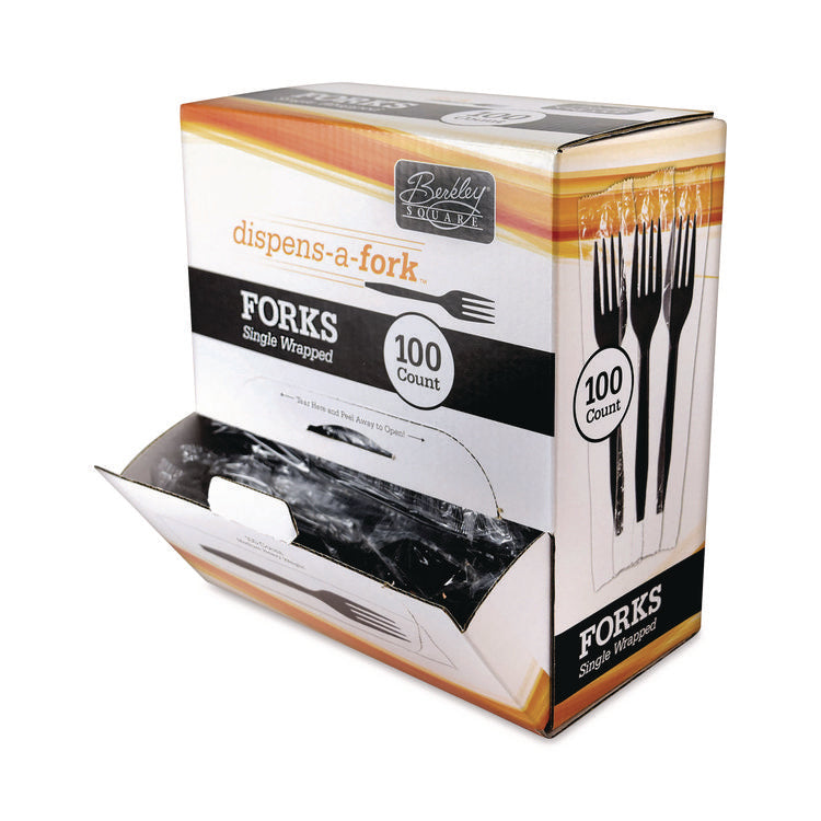 Dispens-a-Fork, Individually Wrapped, Mediumweight Fork, Plastic, Black, 100/Box