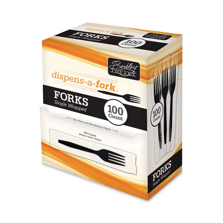 Dispens-a-Fork, Individually Wrapped, Mediumweight Fork, Plastic, Black, 100/Box