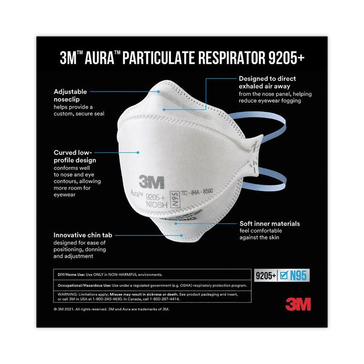 Aura Particulate Respirator 9205+, N95, One Size Fits All, 20/Pack