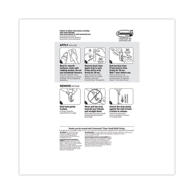 Small Wire Hooks, Small, Plastic/Metal, Clear, 0.5 lb Capacity, Clear, 15 Hooks and 20 Strips/Pack