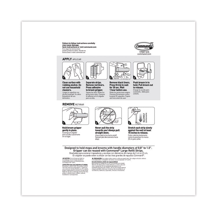 Broom Gripper, 3.12w x 1.85d x 3.34h, White/Gray, 3 Grippers/6 Strips