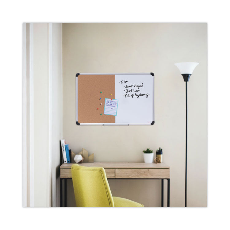 Combination Dry Erase/Bulletin Board, 36" x 24", Tan/White Surface, Black/Satin Aluminum Frame