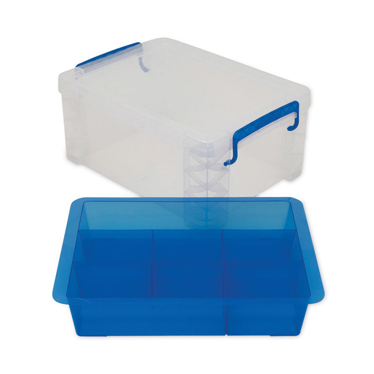 Super Stacker Divided Storage Box, 6 Sections, 10.38" X 14.25" X 6.5", Clear/blue