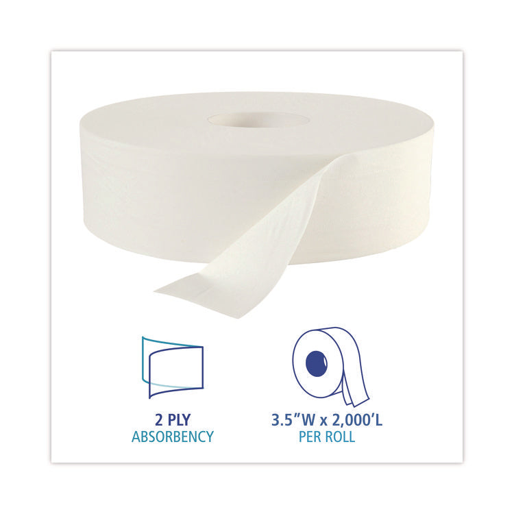JRT Bath Tissue, Jumbo, Septic Safe, 2-Ply, White, 3.5" x 2,000 ft, 12" dia, 6 Rolls/Carton