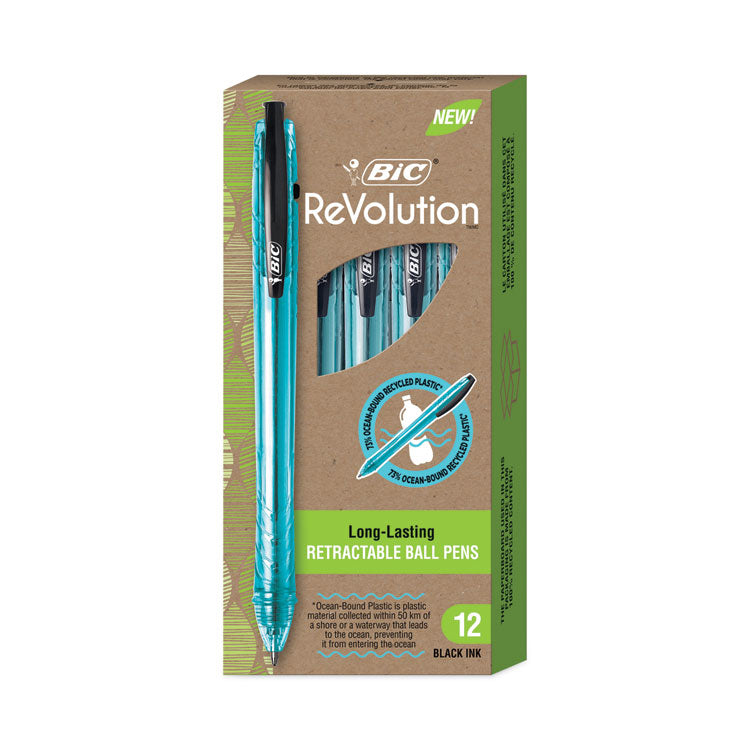 ReVolution Ocean Bound Ballpoint Pen, Retractable, Medium 1 mm, Black Ink, Translucent Blue Barrel, Dozen