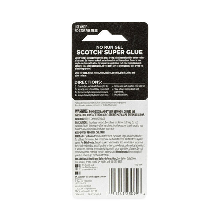 Single Use Super Glue No-Run Gel, 0.02 Oz, Dries Clear, 4/pack