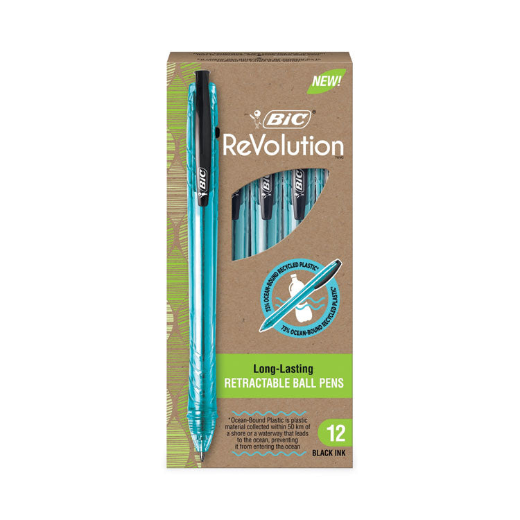 ReVolution Ocean Bound Ballpoint Pen, Retractable, Medium 1 mm, Black Ink, Translucent Blue Barrel, Dozen