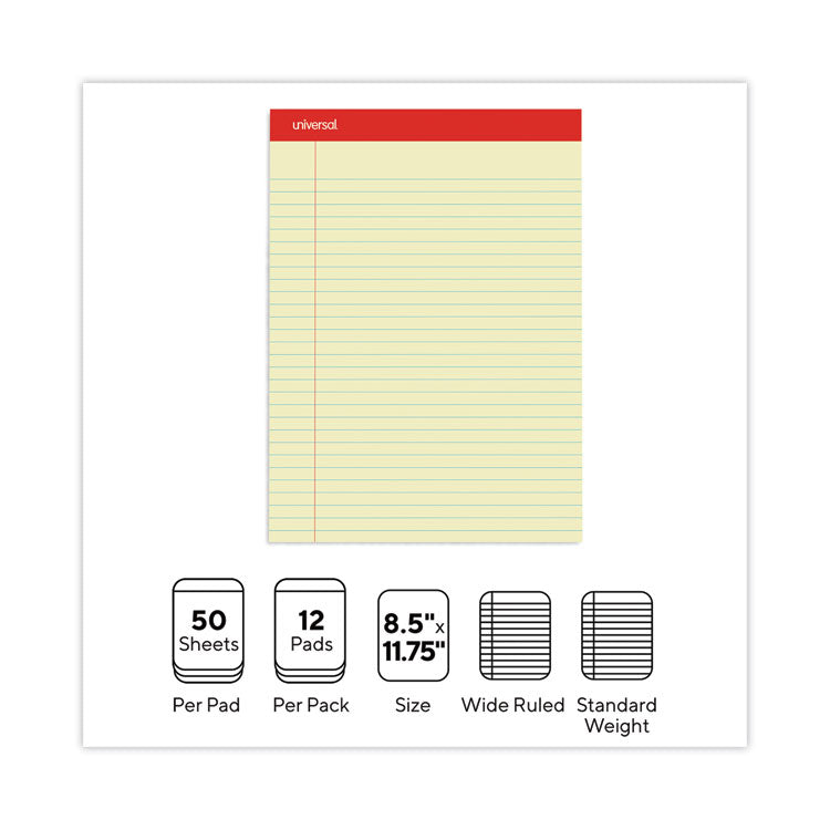 Perforated Ruled Writing Pads, Wide/legal Rule, Red Headband, 50 Canary-Yellow 8.5 X 11.75 Sheets, Dozen