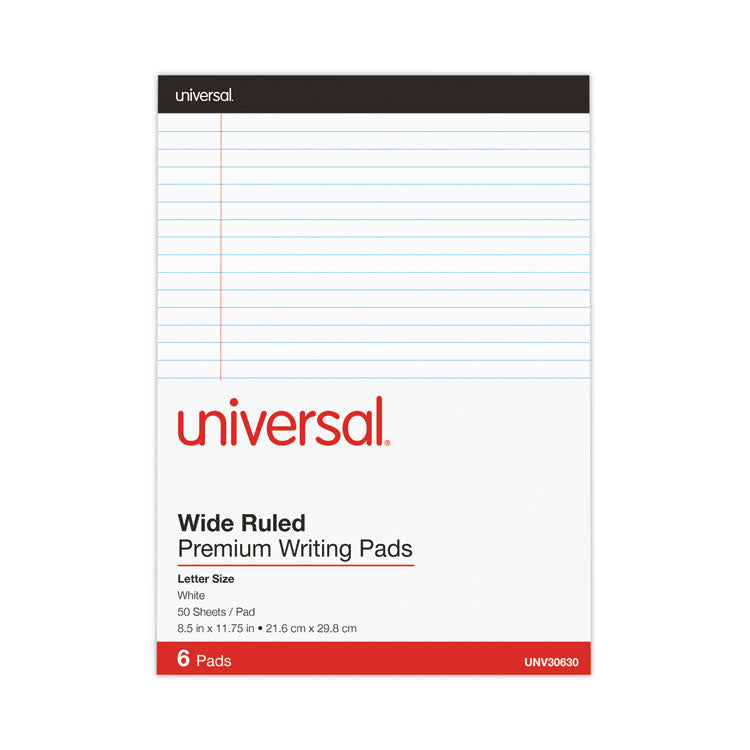 Premium Ruled Writing Pads With Heavy-Duty Back, Wide/legal Rule, Black Headband, 50 White 8.5 X 11 Sheets, 6/pack