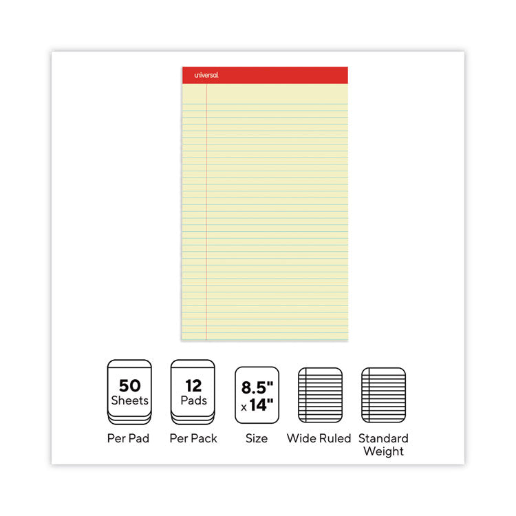 Perforated Ruled Writing Pads, Wide/legal Rule, Red Headband, 50 Canary-Yellow 8.5 X 14 Sheets, Dozen