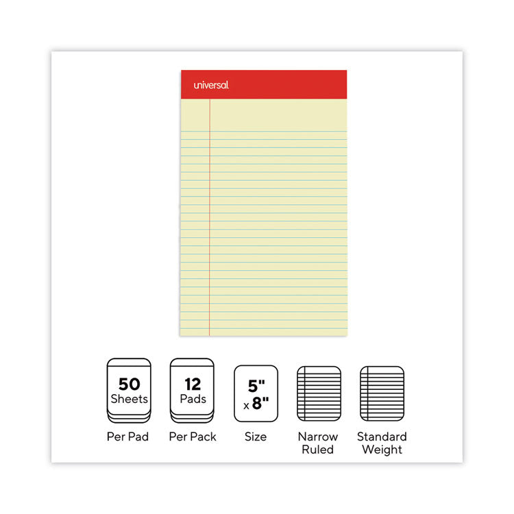 Perforated Ruled Writing Pads, Narrow Rule, Red Headband, 50 Canary-Yellow 5 X 8 Sheets, Dozen