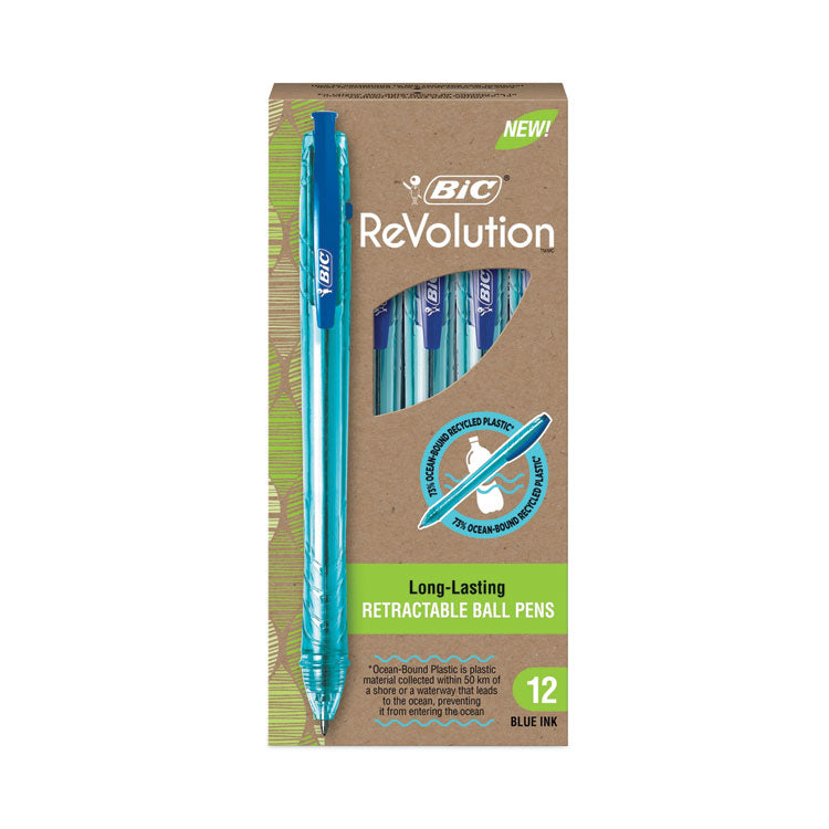 ReVolution Ocean Bound Ballpoint Pen, Retractable, Medium 1 mm, Blue Ink, Translucent Blue Barrel, Dozen