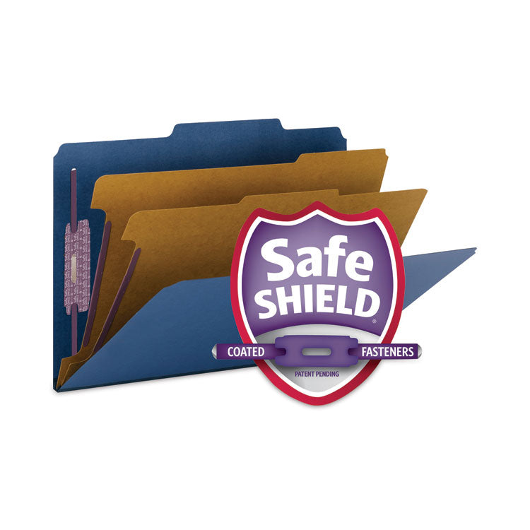 Six-Section Pressboard Top Tab Classification Folders, Six SafeSHIELD Fasteners, 2 Dividers, Legal Size, Dark Blue, 10/Box