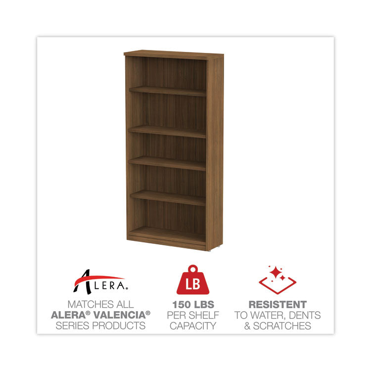 Alera Valencia Series Bookcase, Five-Shelf, 31.75w x 14d x 64.75h, Modern Walnut