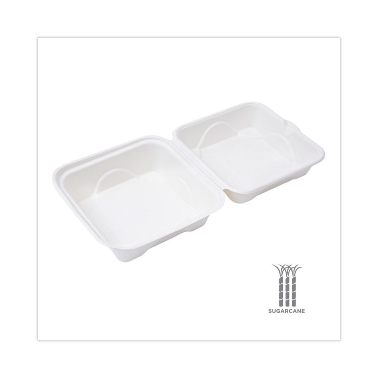 Molded Fiber Hinged Clamshell Containers, 6 x 6 x 3, White, Sugarcane, 50/Pack, 10 Packs/Carton