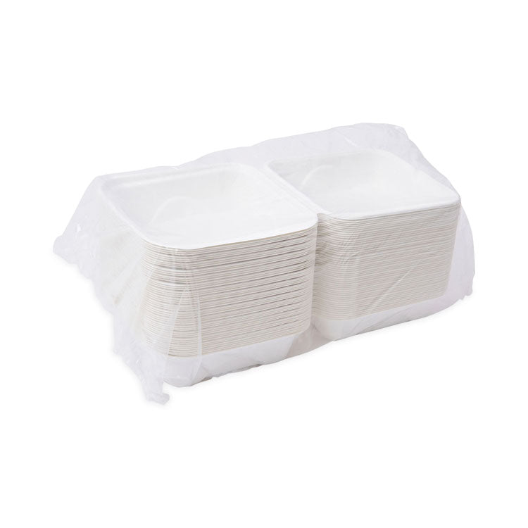 Molded Fiber Hinged Clamshell Containers, 6 x 6 x 3, White, Sugarcane, 50/Pack, 10 Packs/Carton
