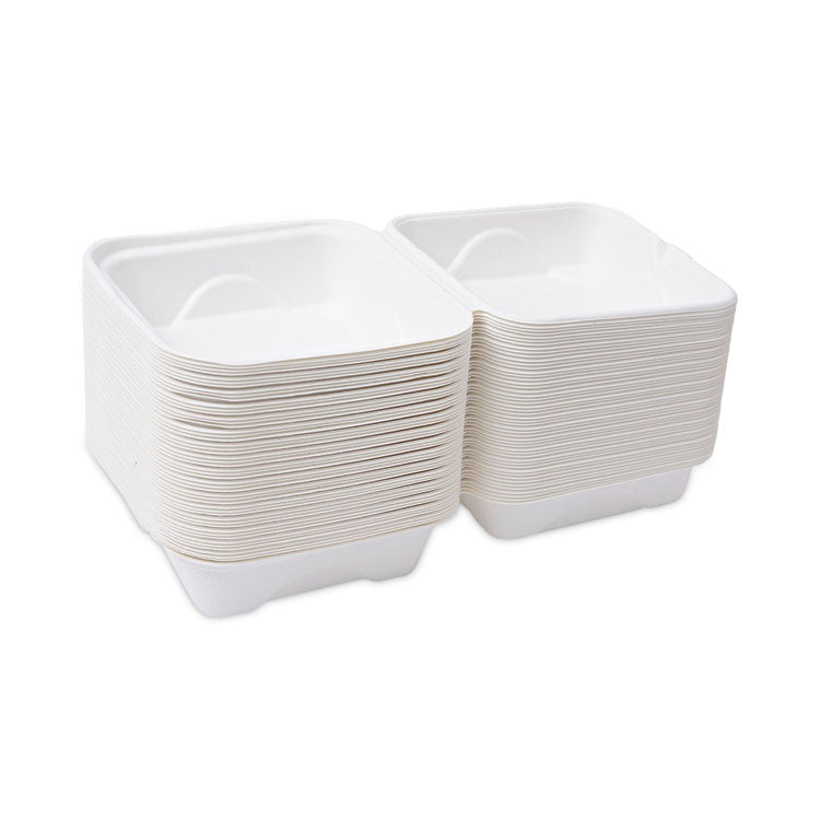 Molded Fiber Hinged Clamshell Containers, 6 x 6 x 3, White, Sugarcane, 50/Pack, 10 Packs/Carton