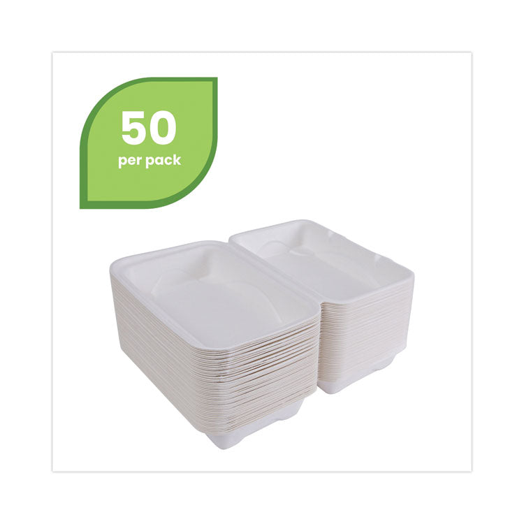 Molded Fiber Hinged Clamshell Containers, 6 x 6 x 3, White, Sugarcane, 50/Pack, 10 Packs/Carton