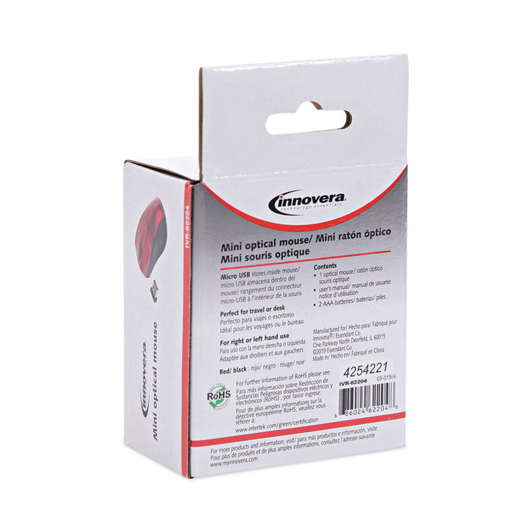 Mini Wireless Optical Mouse, 2.4 Ghz Frequency/30 Ft Wireless Range, Left/right Hand Use, Red/black