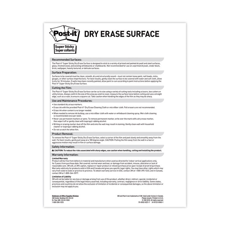 Dry Erase Surface, Laminate Film, 50 ft x 7 mil x 48", White