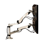 Easy-Adjust Desk Dual Arm Mount For 27" Monitors, 360 Deg Rotation, +90/-15 Deg Tilt, 360 Deg Pan, Silver, Supports 20 Lb