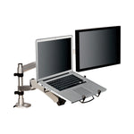 Easy-Adjust Desk Dual Arm Mount For 27" Monitors, 360 Deg Rotation, +90/-15 Deg Tilt, 360 Deg Pan, Silver, Supports 20 Lb